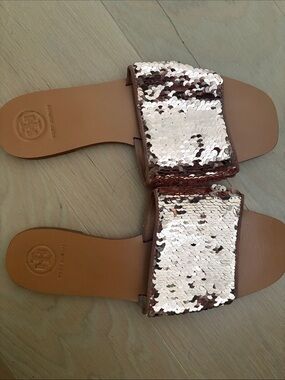 Tory Burch Rose Gold Sequin Slide Sandals with Tan Footbed